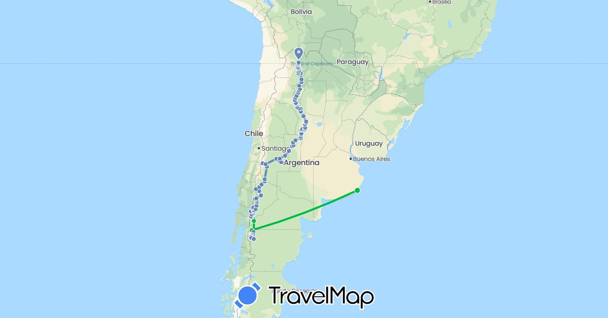 TravelMap itinerary: driving, bus, cycling in Argentina (South America)