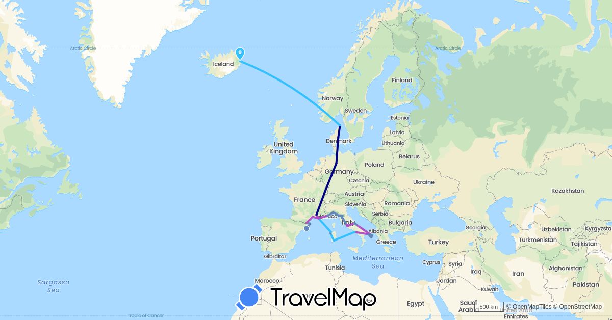 TravelMap itinerary: driving, cycling, train, boat in Germany, Denmark, Spain, France, Iceland, Italy (Europe)